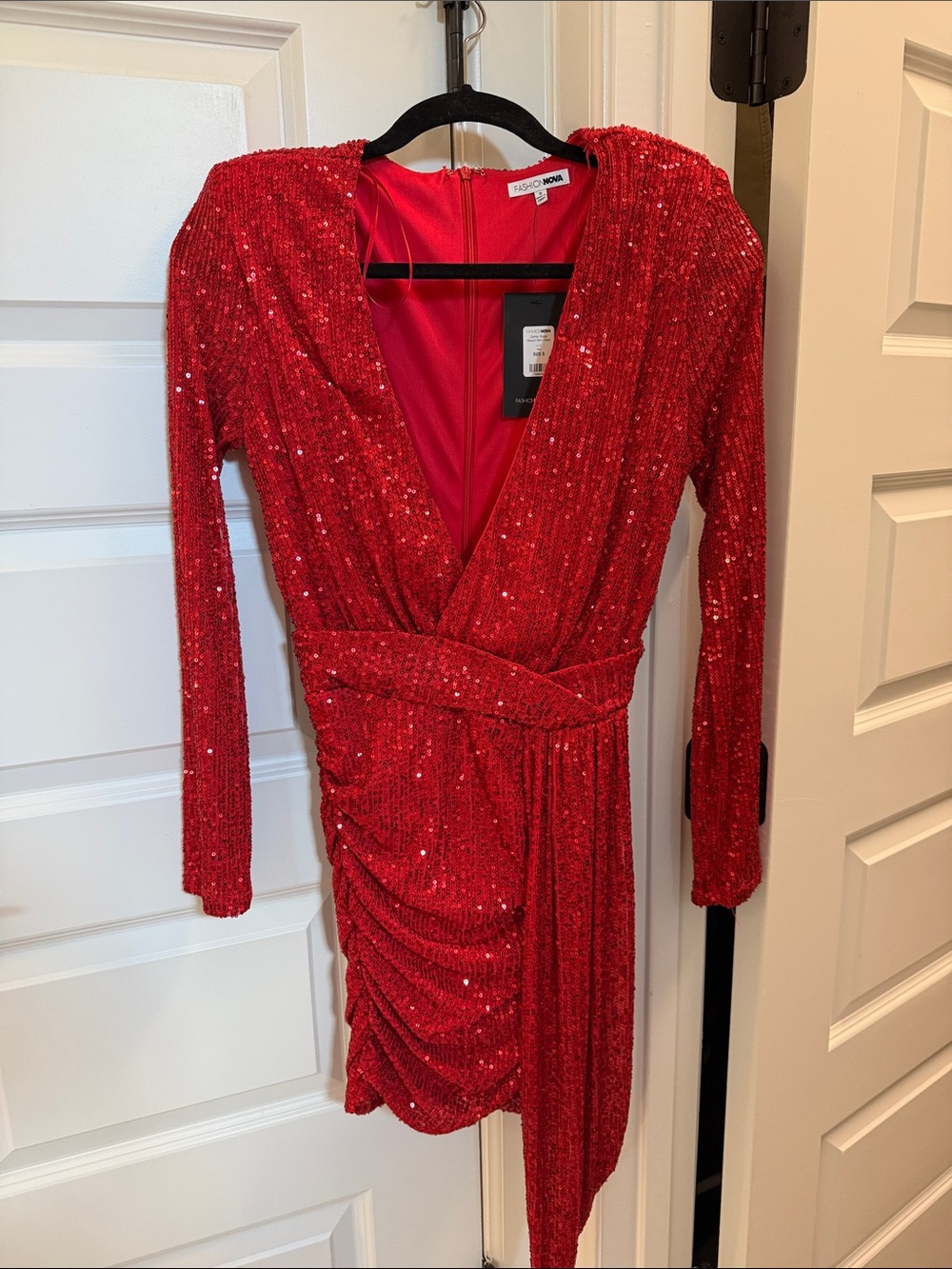 Fashion Nova Red Sequin Long Sleeve Wrap Dress